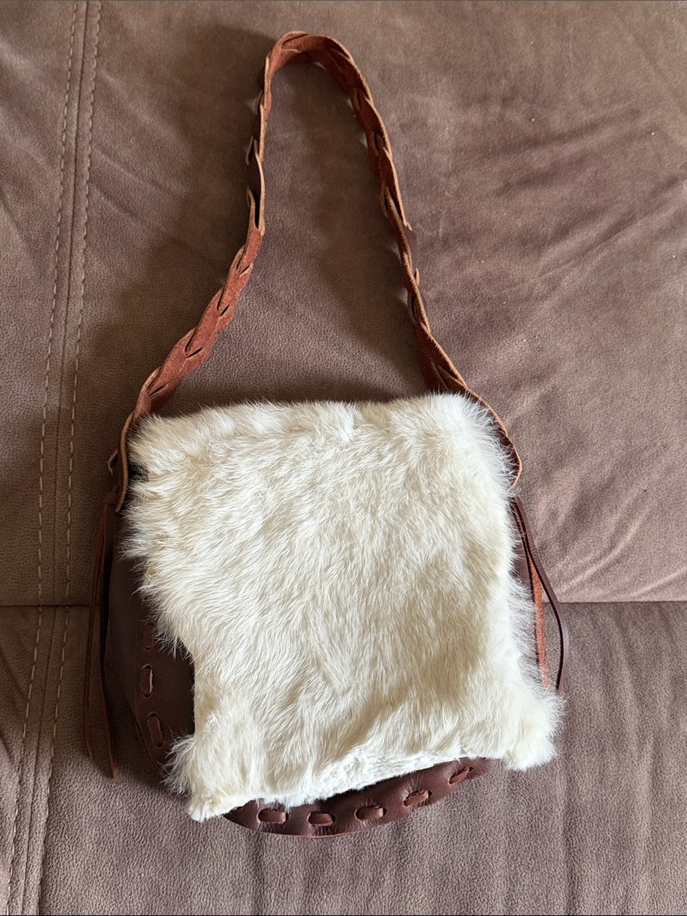 Leather and white rabbit Fur over the  shoulder Bag - Women